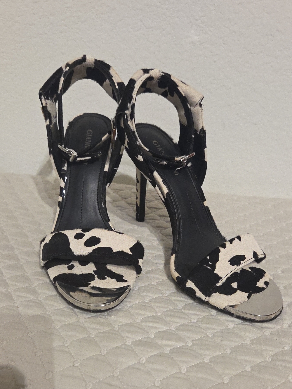 Gianni Bini Black and White Cow-Print Stiletto Sandals